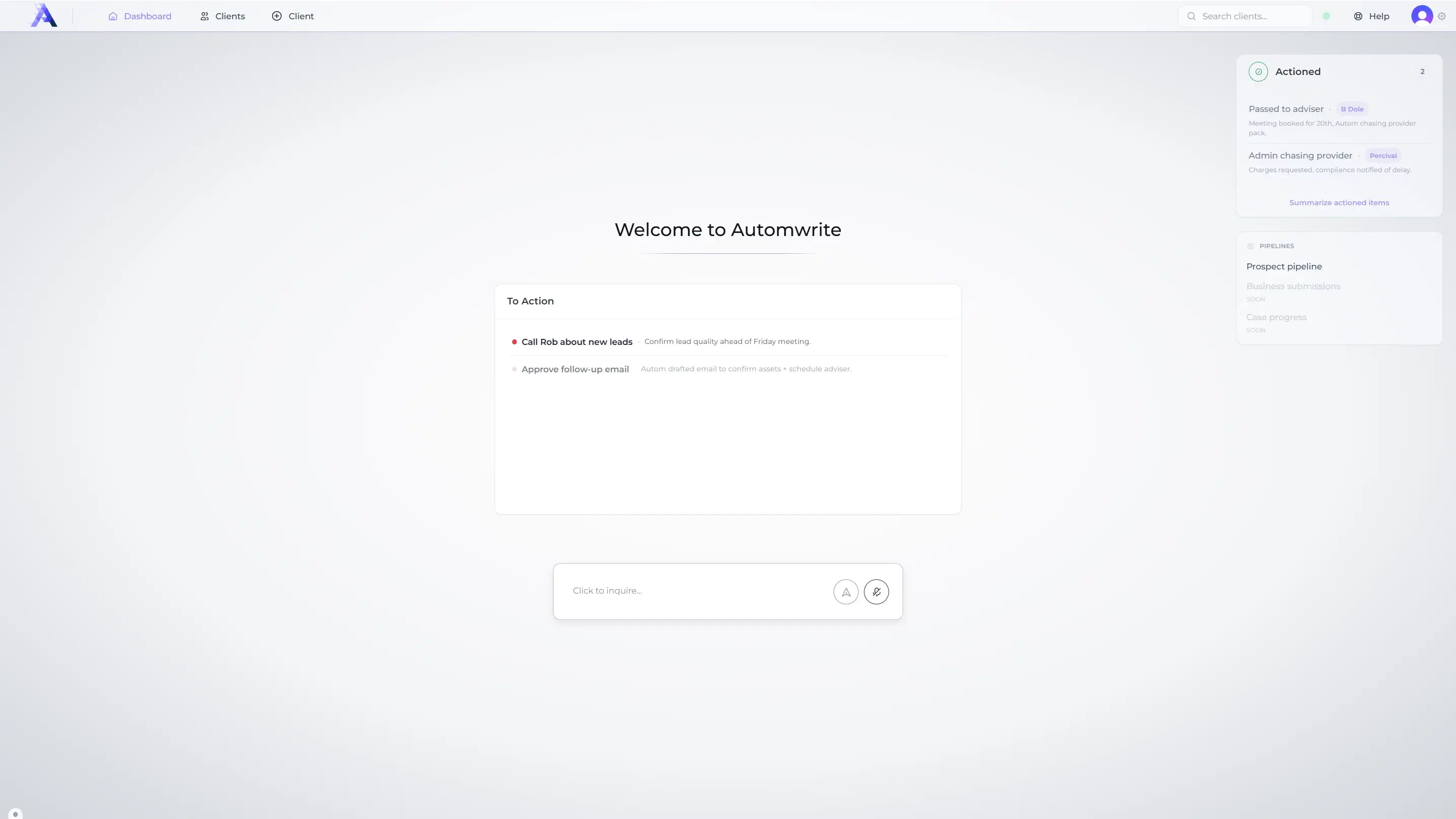 Automwrite AI CRM desktop workspace preview